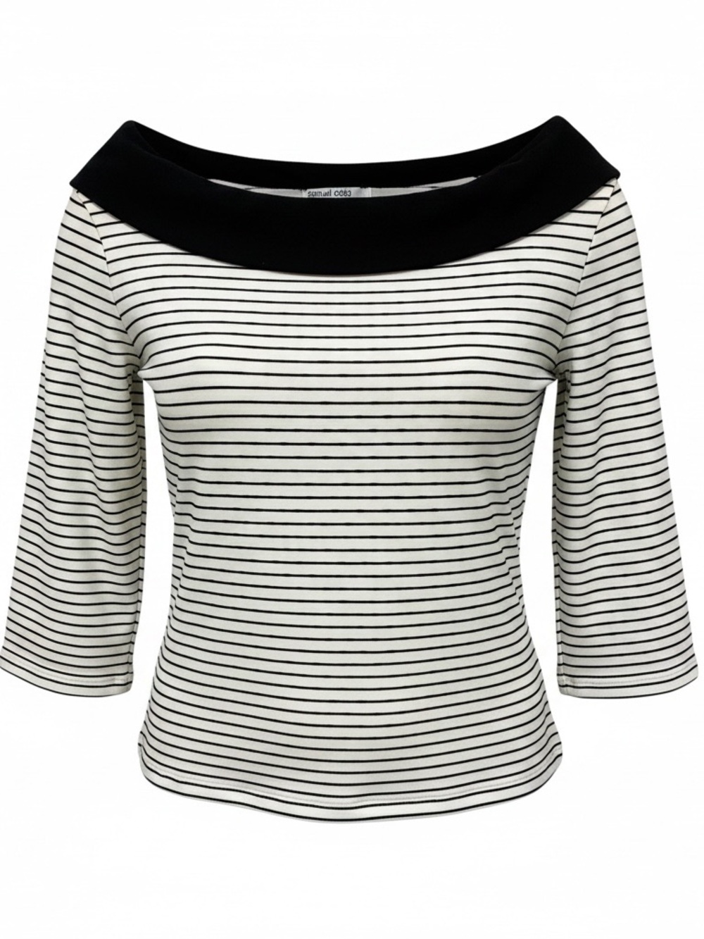 Samuel Dong Striped Boatneck Top with Black  Collar Size Large
